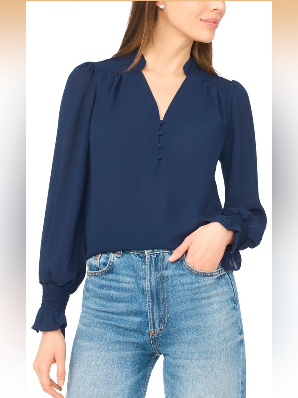 CeCe Navy Split-V Button Front Long Sleeve Blouse